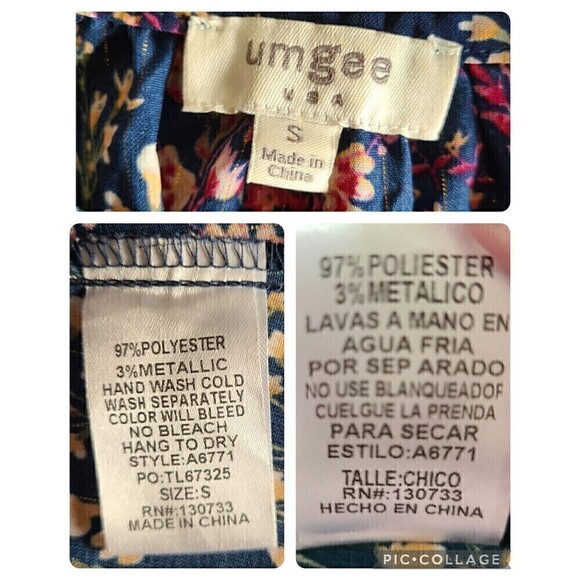 Umgee Floral‎ Boho Dress Small Tall Metallic Sheer Balloon Sleeves Pleats - Picture 9 of 12